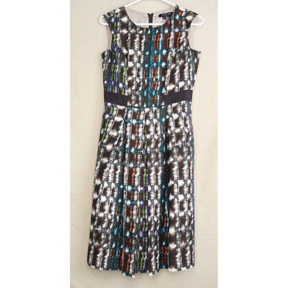 Etcetera Silk Wool Blend Midi Dress Blue Brown A-Line Sleeveless Women's 0 EUC - Picture 1 of 8